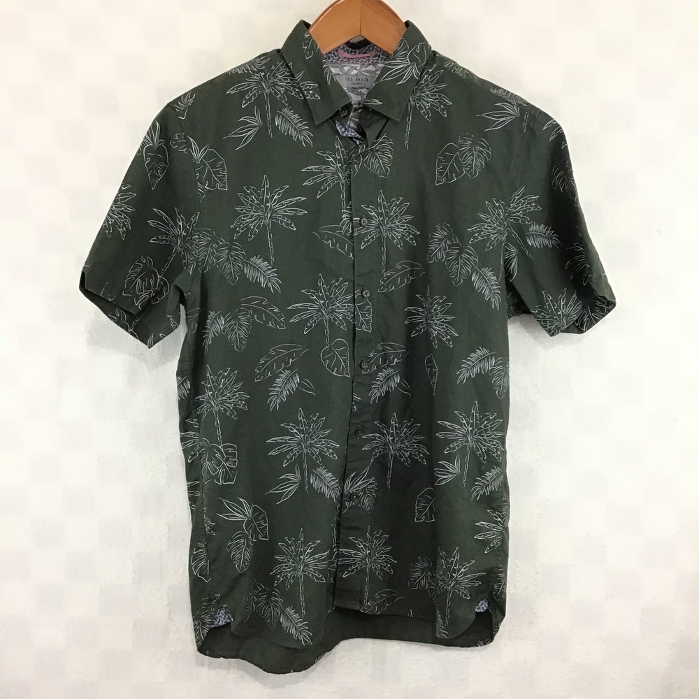 Ted Baker London Mens Green Tropical Palm Leaf Button Down Shirt Size 5 XL